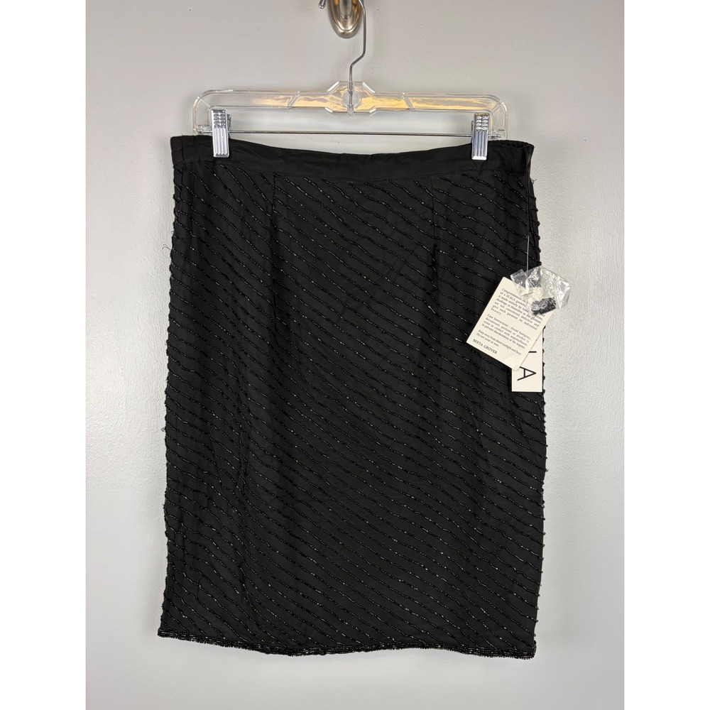 NWT Scala Vintage Black Silk Beaded Pencil Skirt Size Large‎ Glam Whimsigoth